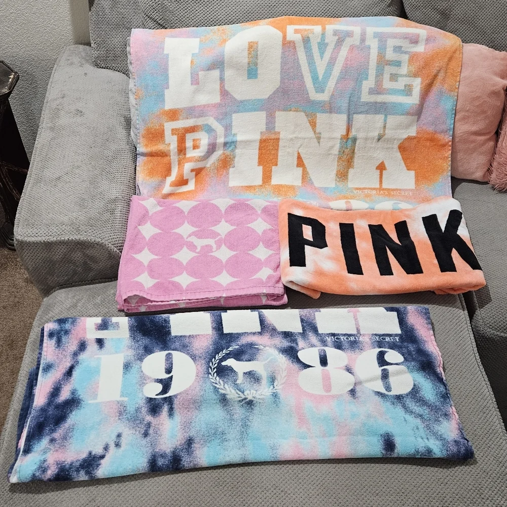 4pc Vintage Victoria's Secret VS PINK Beach Towel Bundle Dog Crest Tie dye Dots